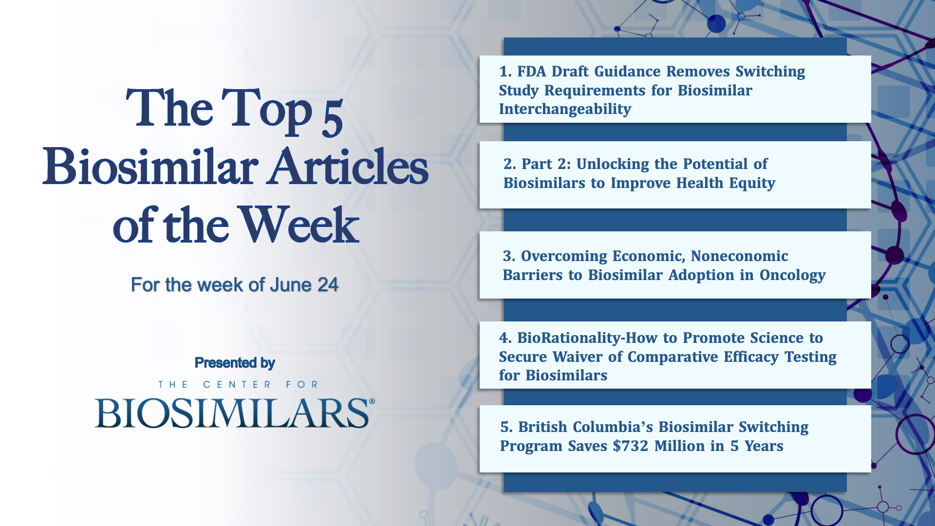 Here are the top 5 biosimilar articles for the week of June 24, 2024.