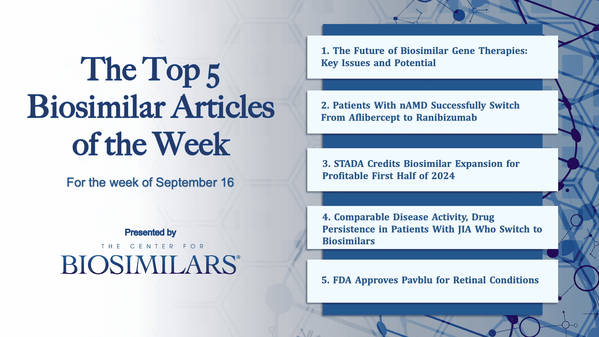 Here are the top 5 biosimilar articles for the week of September 16, 2024. 