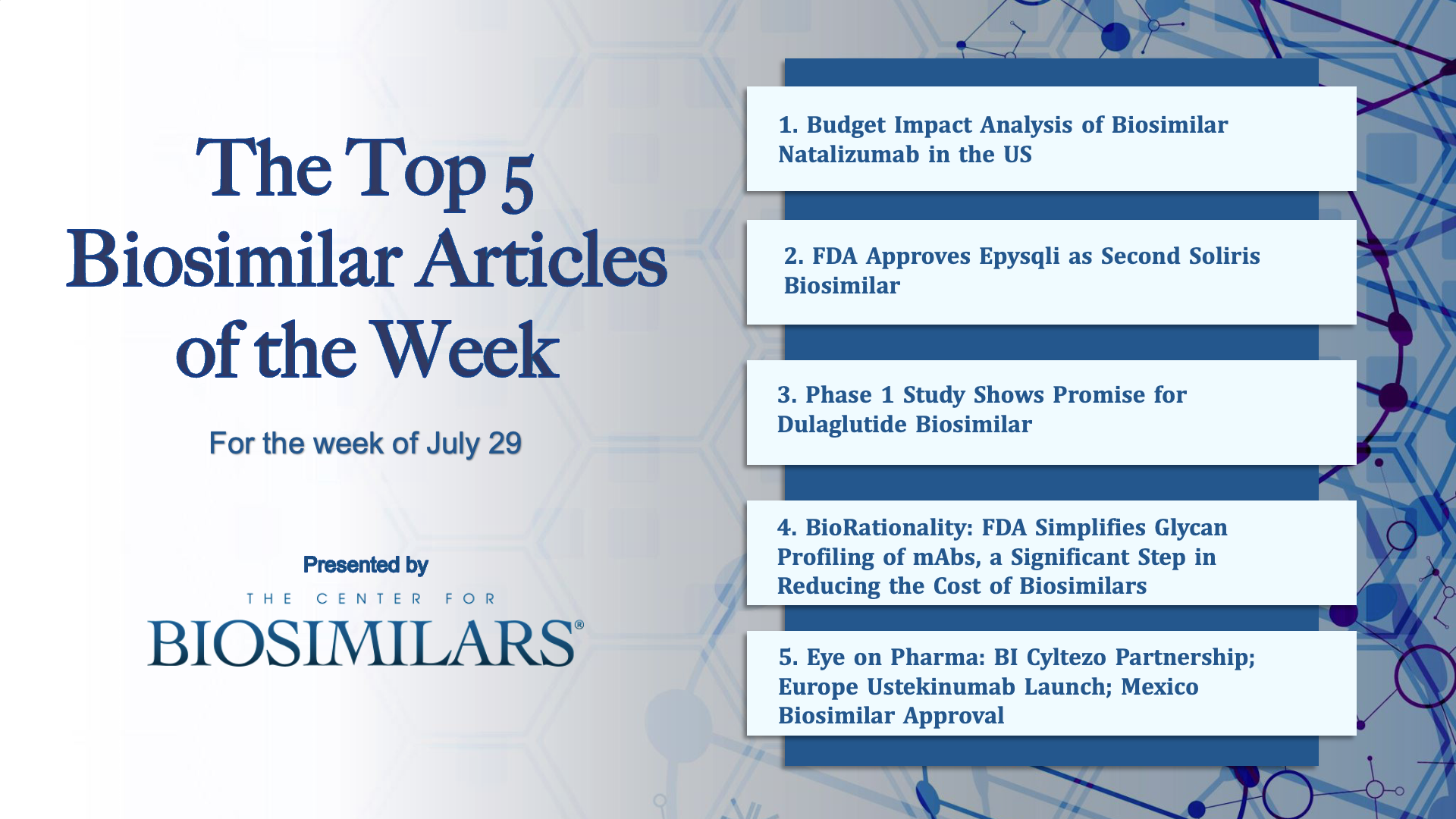 Here are the top 5 biosimilar articles for the week of July 29, 2024.