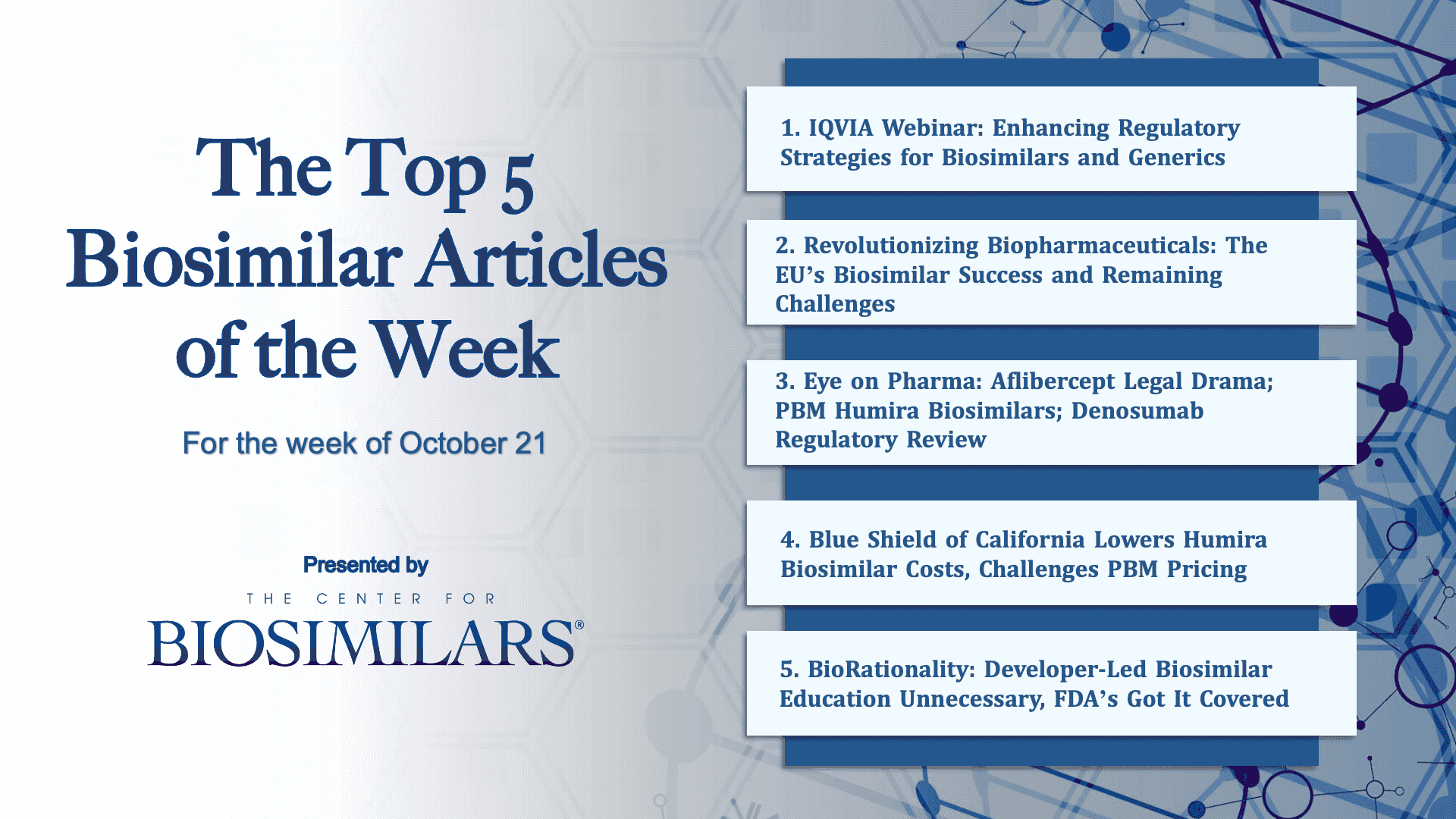 Here are the top 5 biosimilar articles for the week of October 21, 2024. 