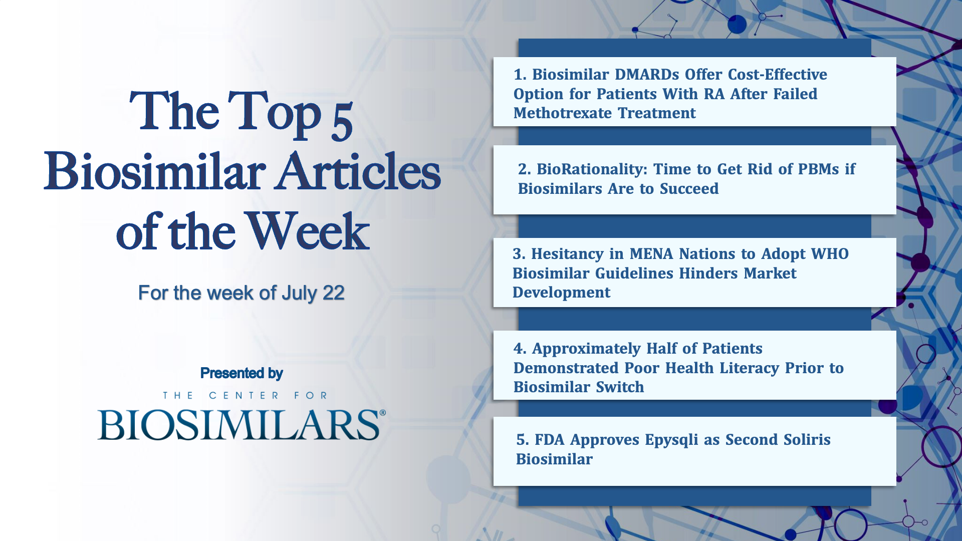 Here are the top 5 biosimilar articles for the week of July 22, 2024. 
