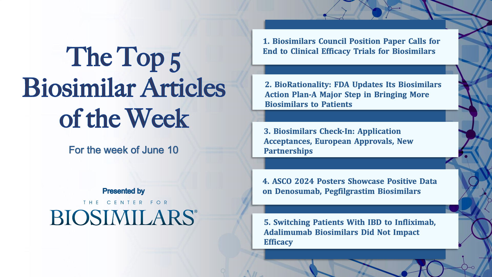 Here are the top 5 biosimilar articles for the week of June 10, 2024.