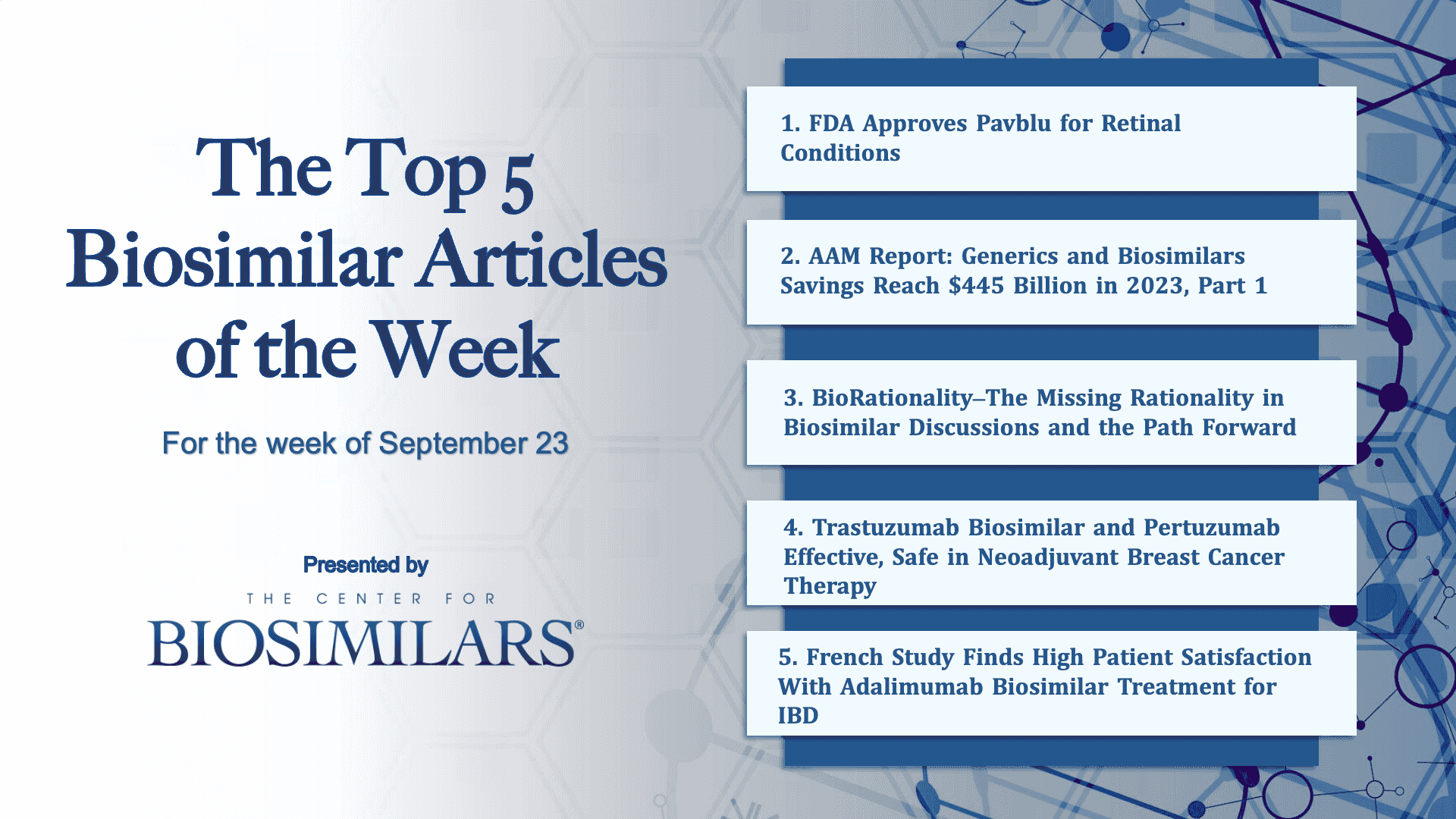 Here are the top 5 biosimilar articles for the week of September 23, 2024. 