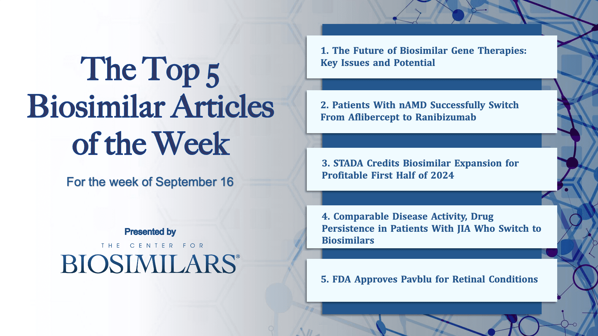 Here are the top 5 biosimilar articles for the week of September 16, 2024. 