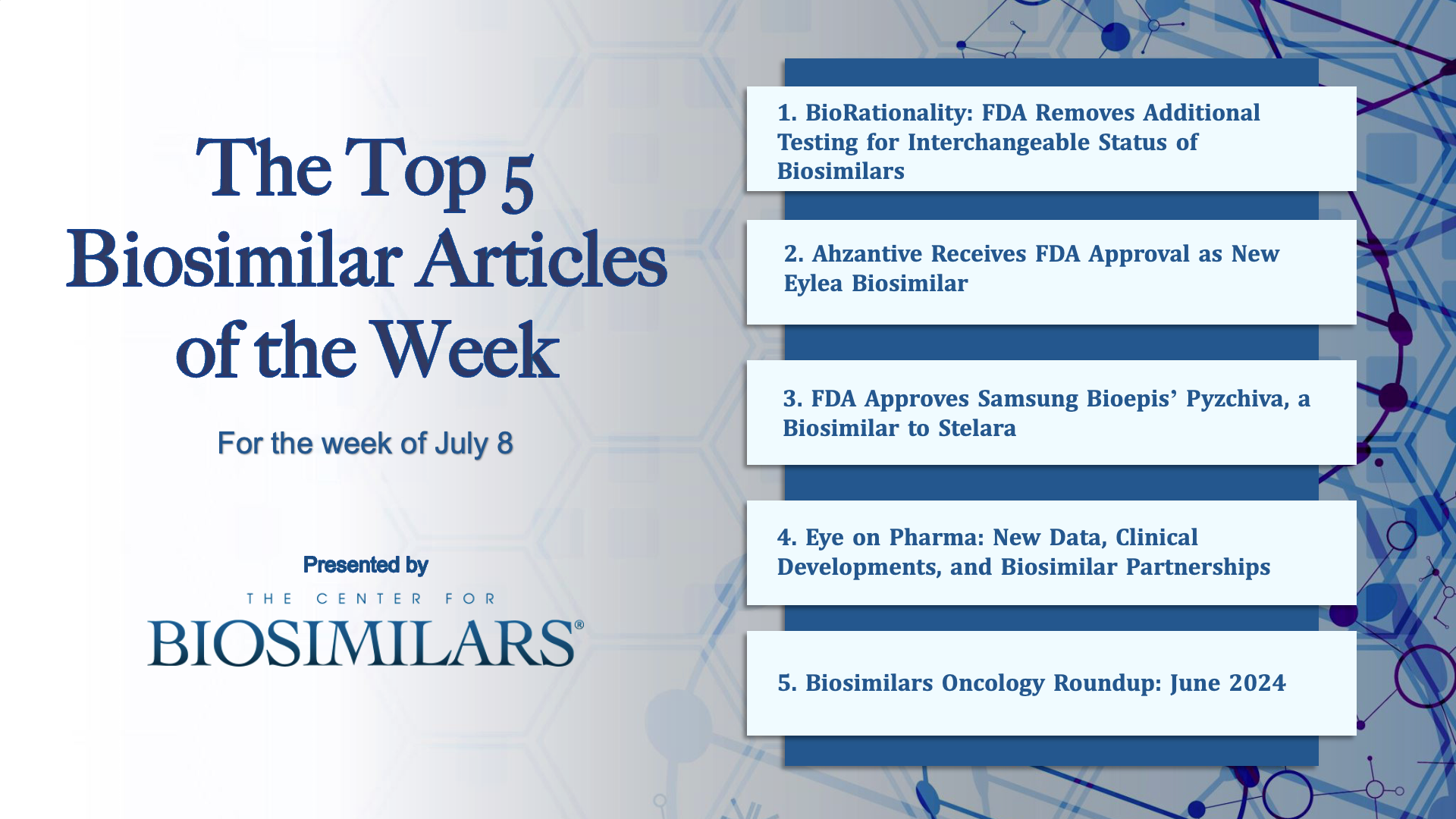 Here are the top 5 biosimilar articles for the week of July 8, 2024.