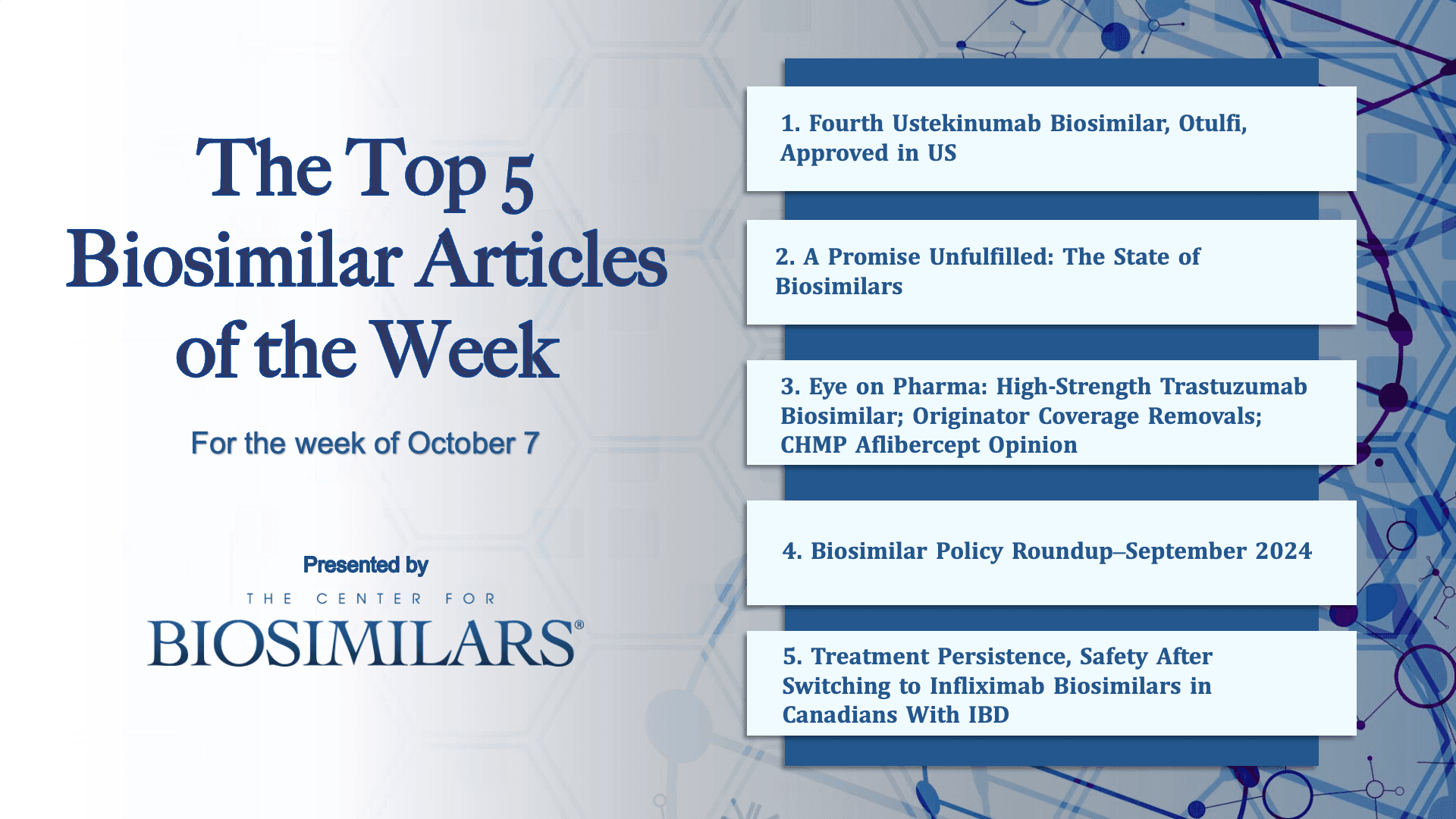 Here are the top 5 biosimilar articles for the week of October 7, 2024. 