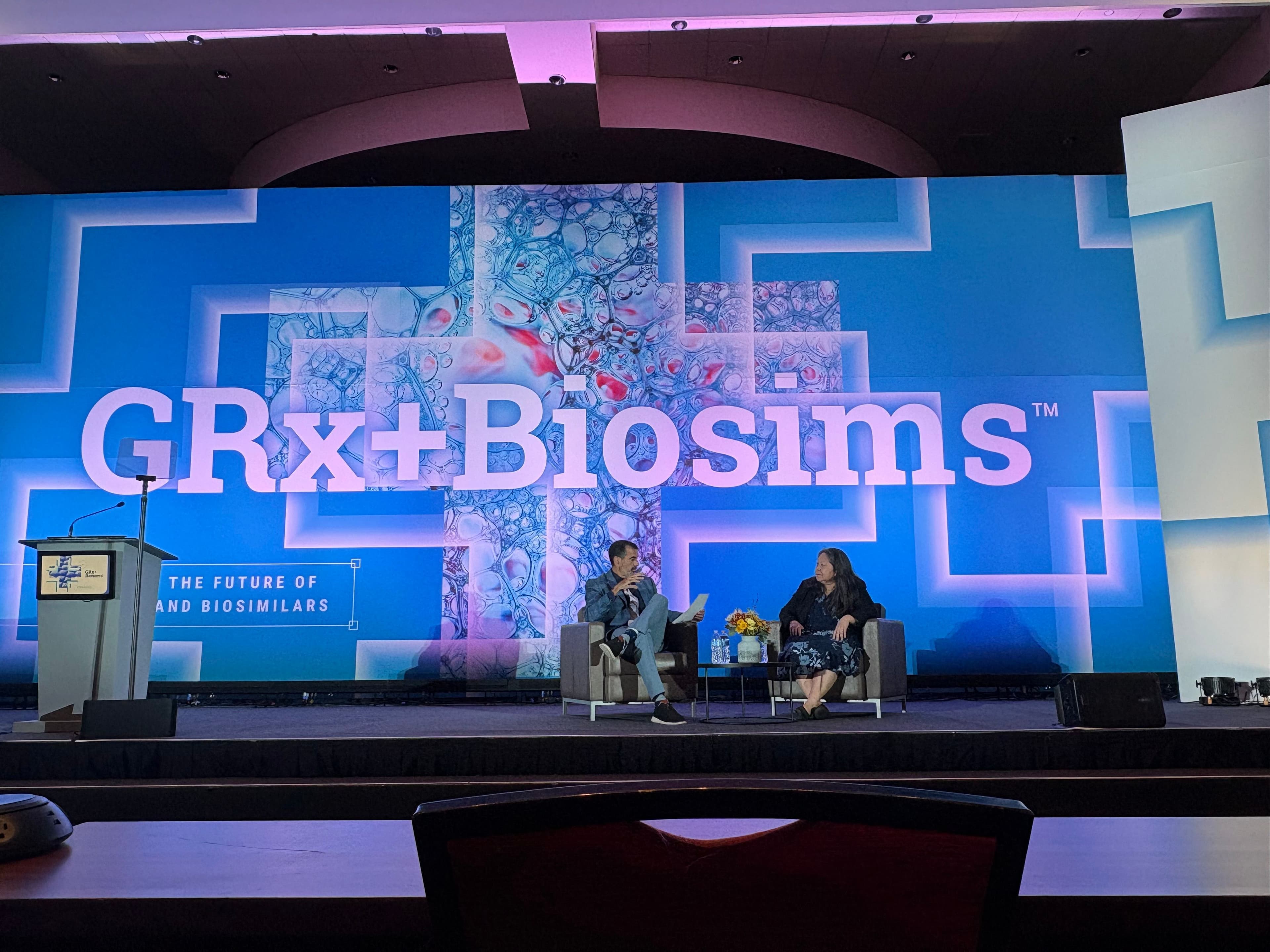 Dr. Sarah Yim and Giuseppe Randazzo during a fireside chat at GRx+Biosims