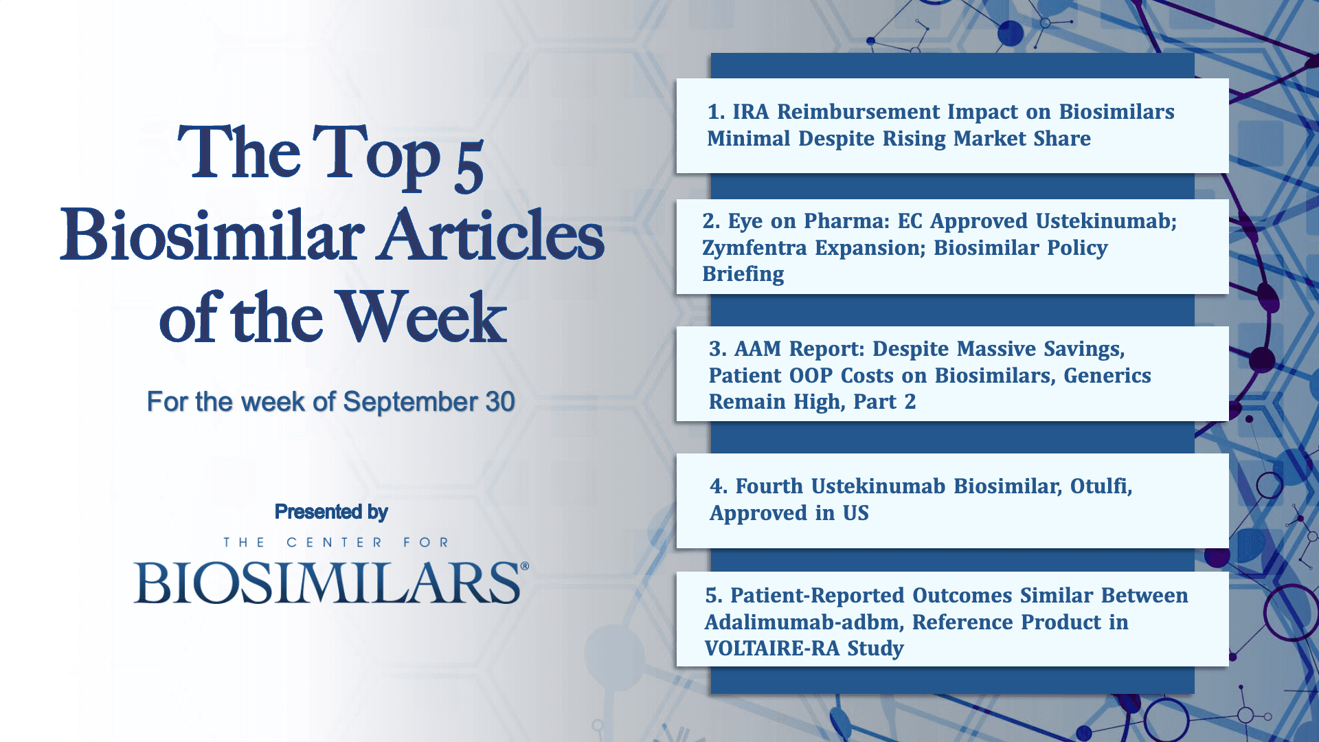 Here are the top 5 biosimilar articles for the week of September 30, 2024.