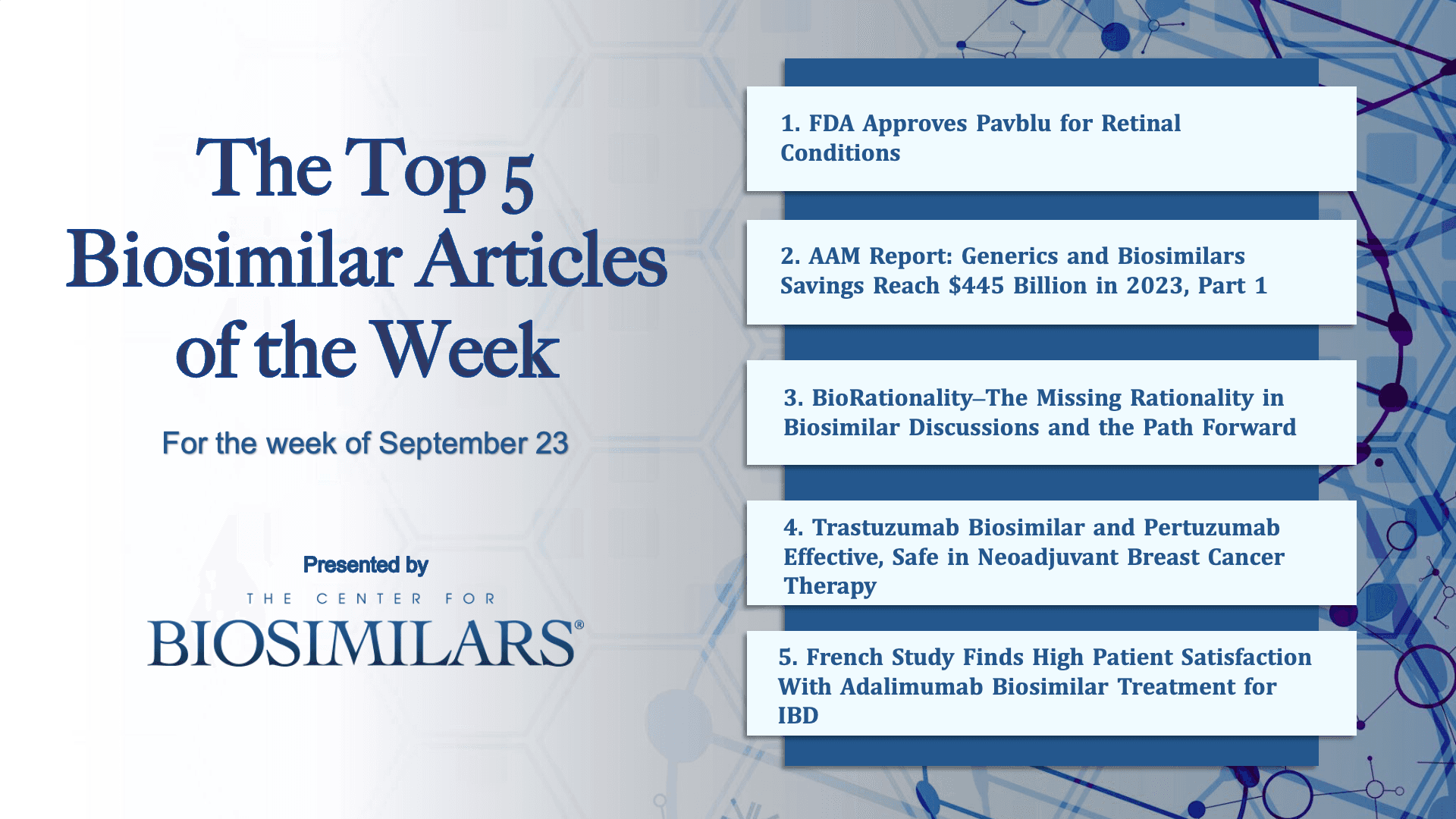 Here are the top 5 biosimilar articles for the week of September 23, 2024. 